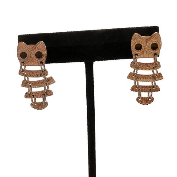 Gold Owl Dangle Post Earrings - Picture 1 of 3